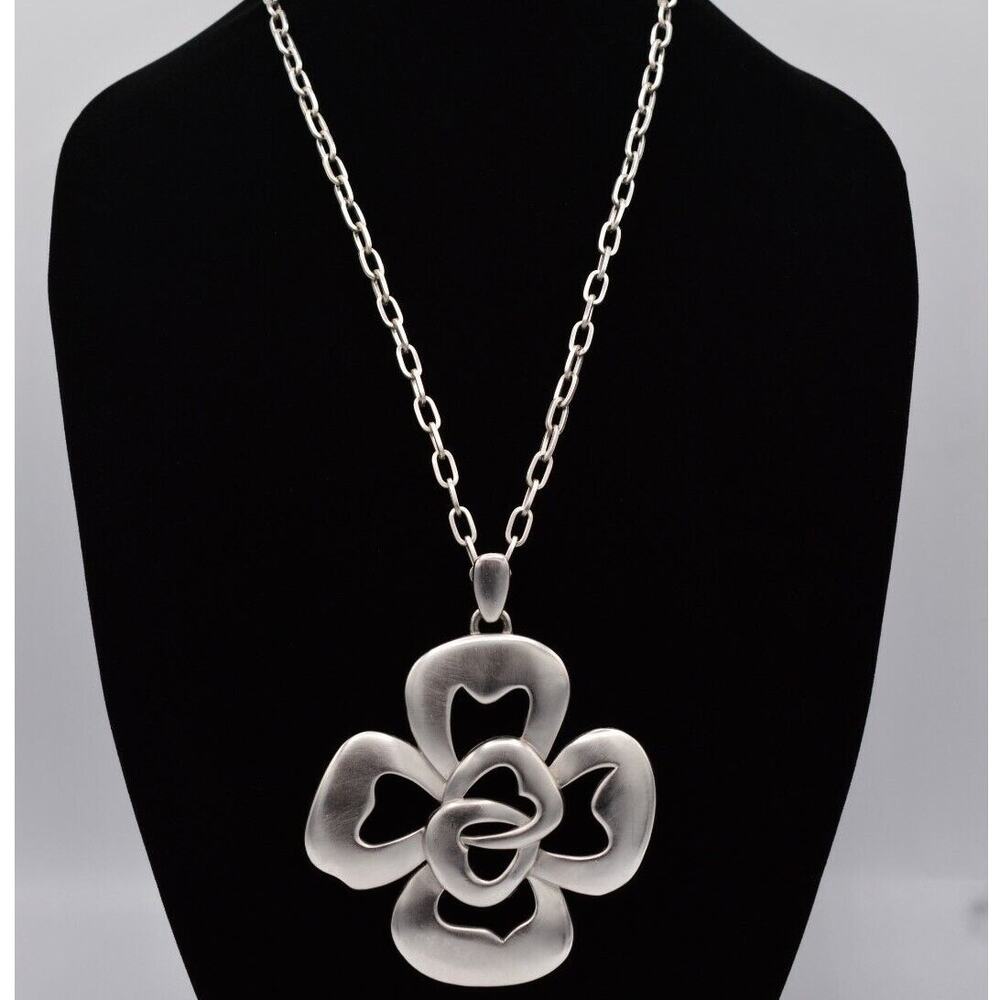 Crown Trifari Vintage Flower Necklace Chunky Brushed Silver Signed 1940s Bin3C